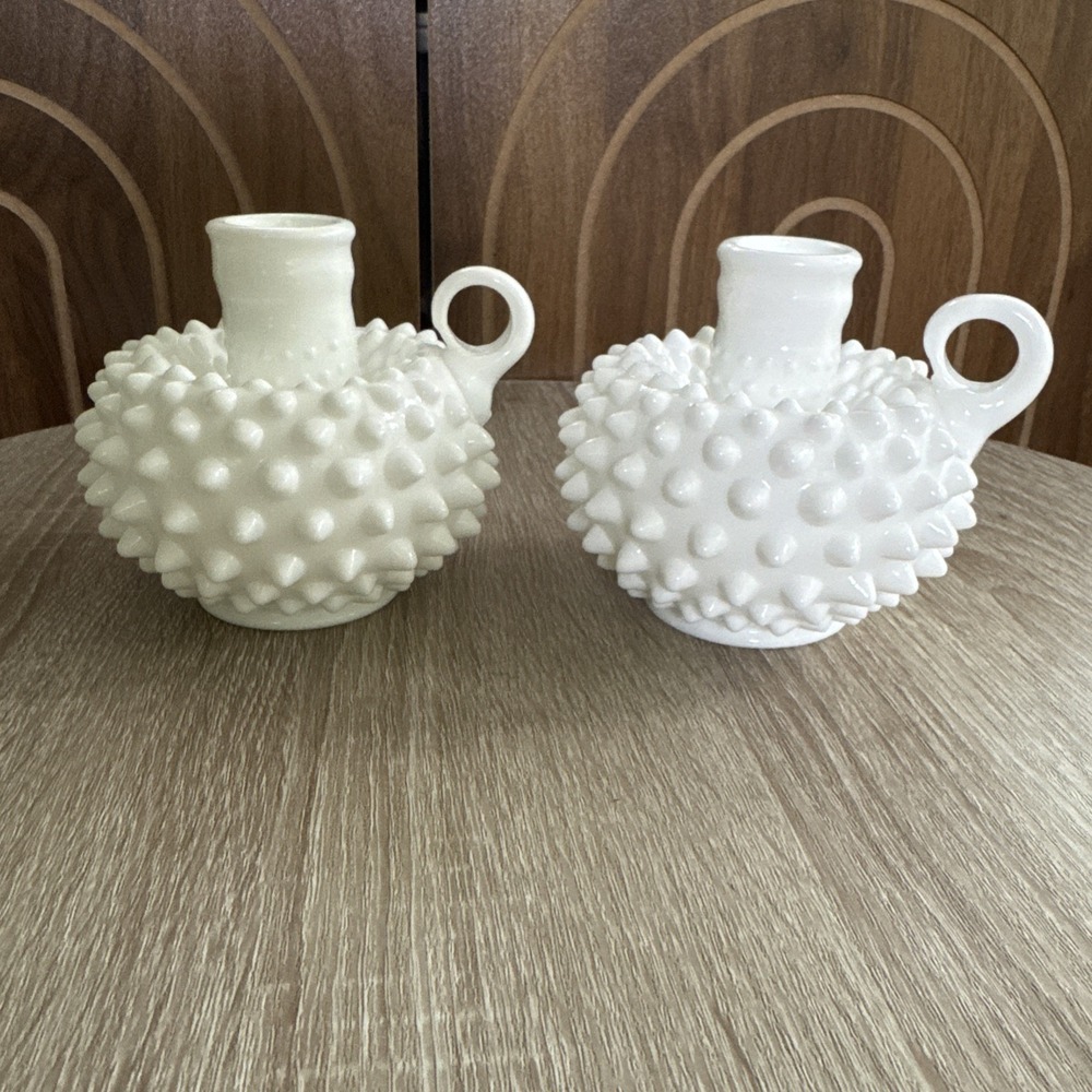 Fenton Hobnail Milk Glass Chamber Taper Candle Stick Holder Set of 2
